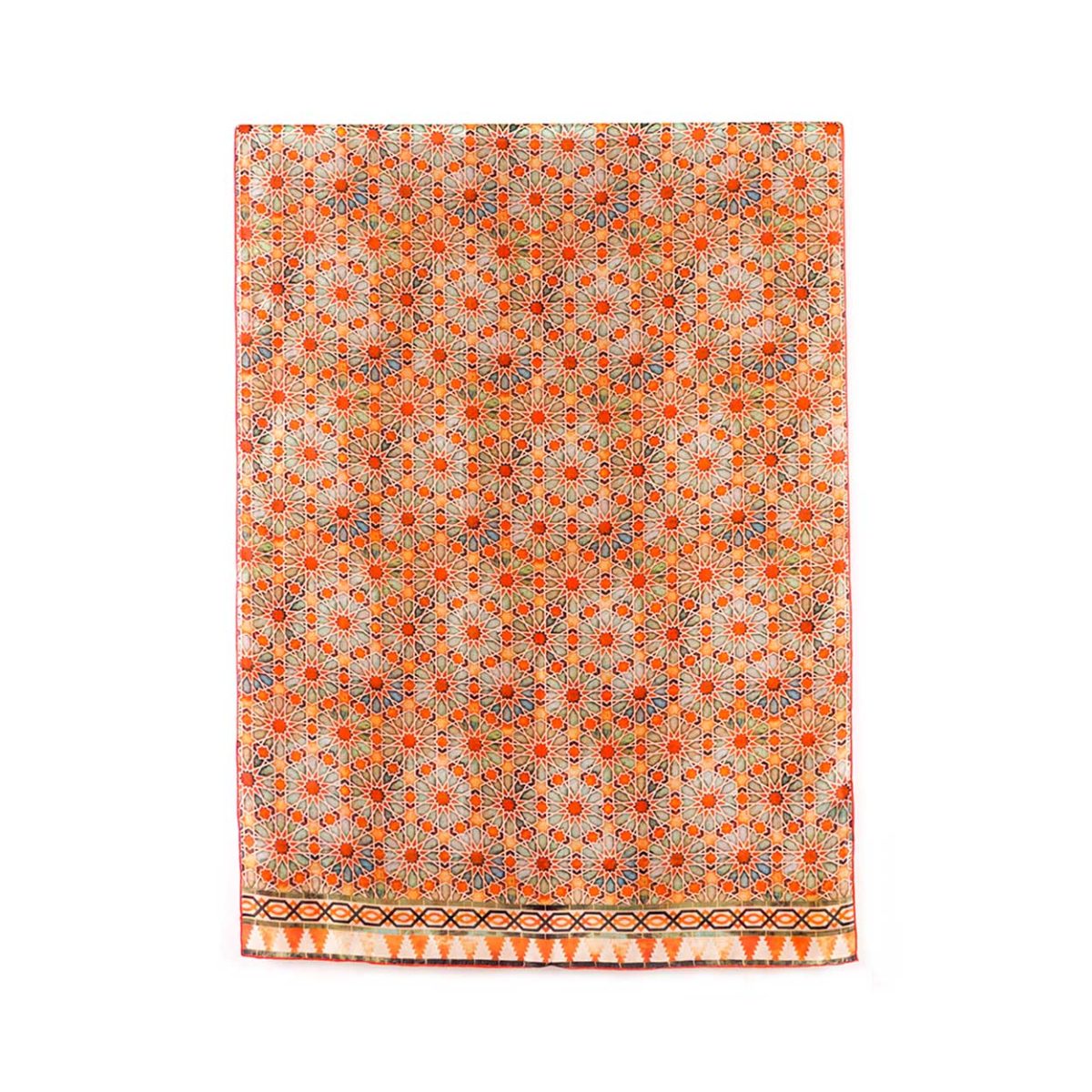 Large orange silk scarf featuring islamic art print