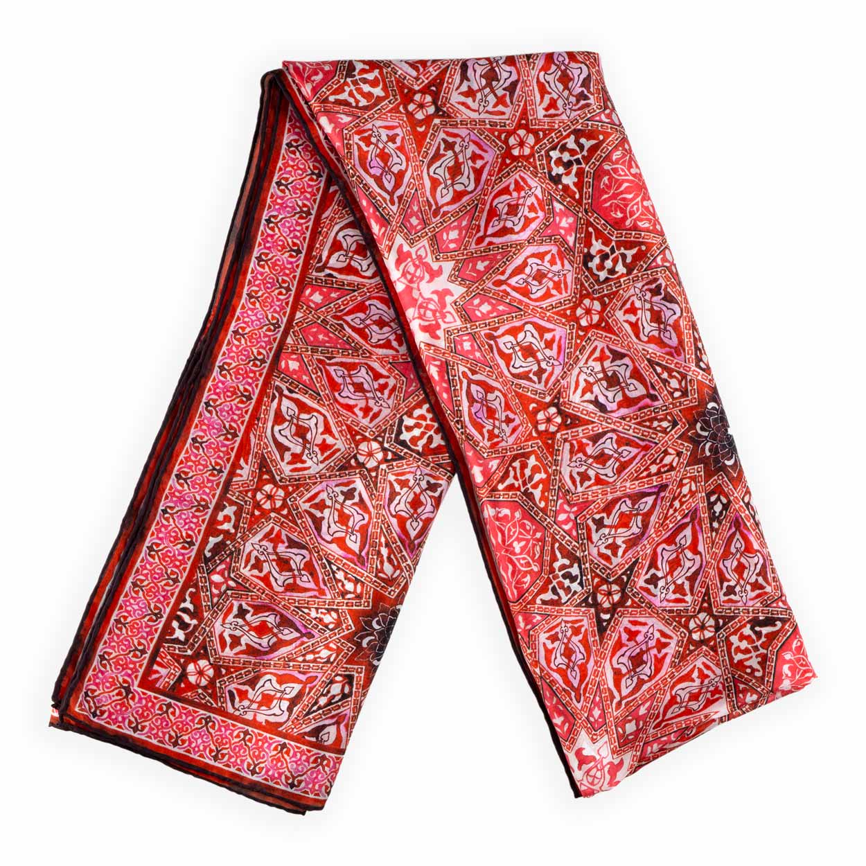 Pañuelo de seda rojo para mujer con estampado inspirado en las geometrías de Turquía
