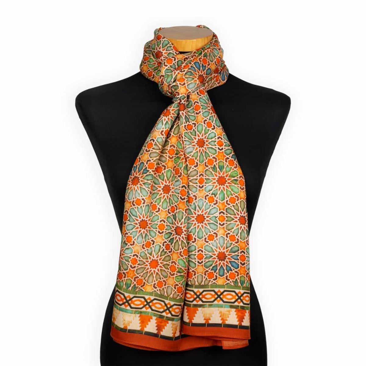 Large neck scarf with orange print featuring Islamic art pattern