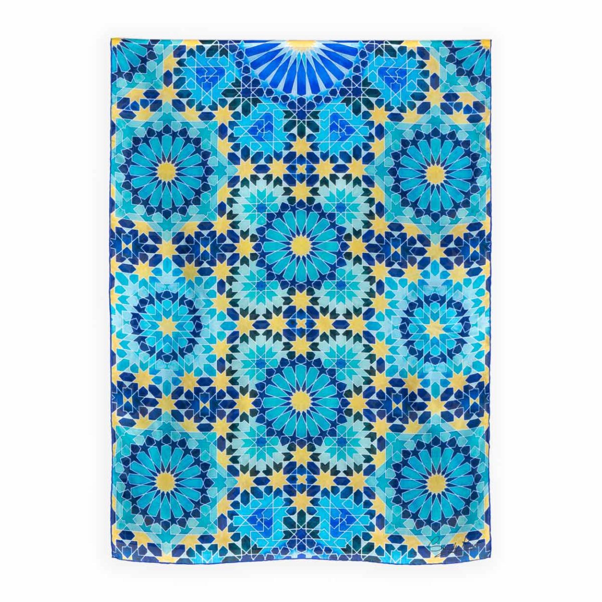 Large blue silk scarf with geometric print inspired by Islamic Art
