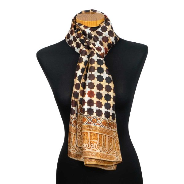 Brown silk scarf inspired by Islamic art tiles from the Alhambra Palace