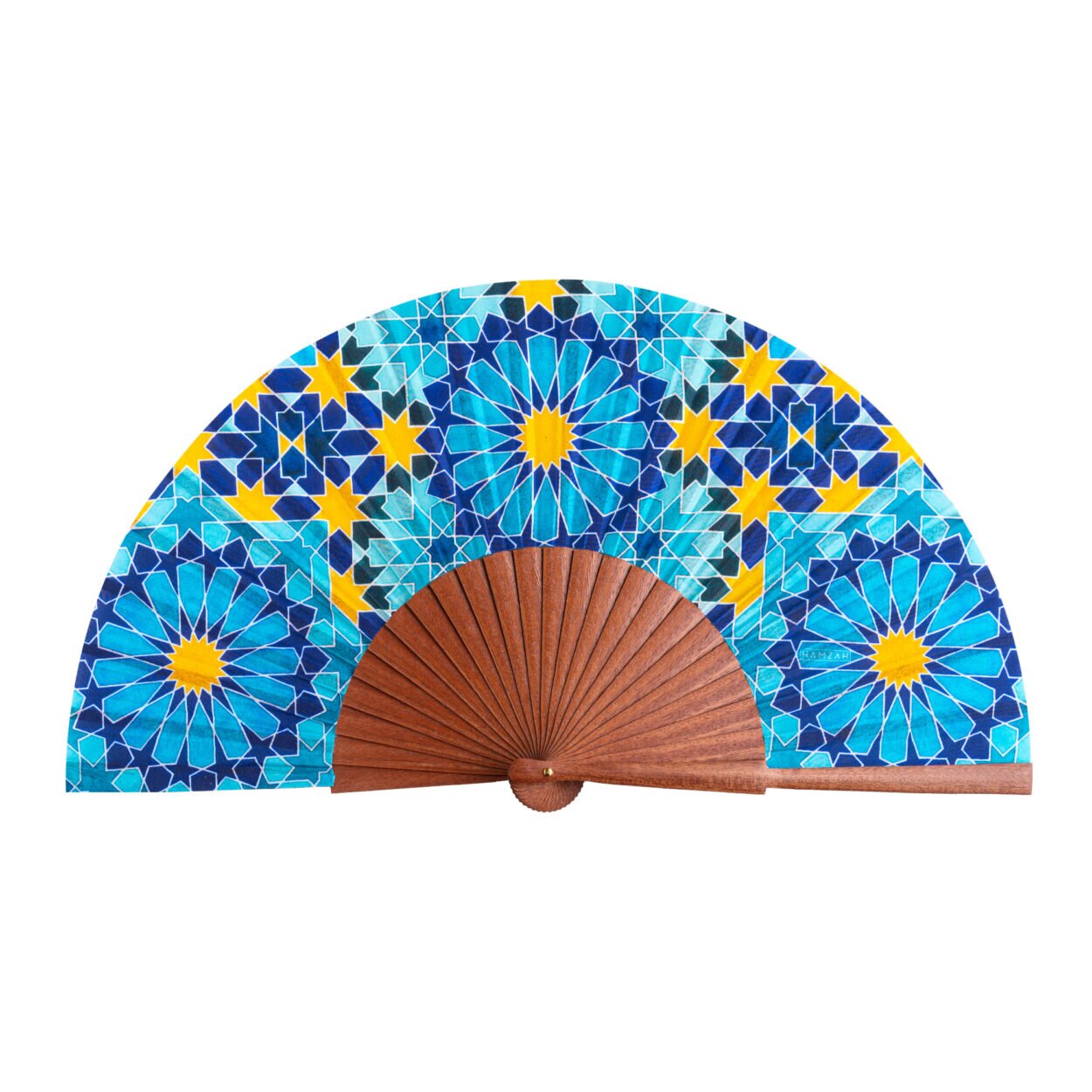 Abanico Seda Azul y Dorado Secret Flower - Imagen 2