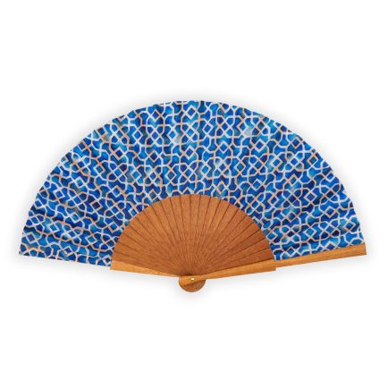 White and blue silk fan designed by Aziza Iqbal