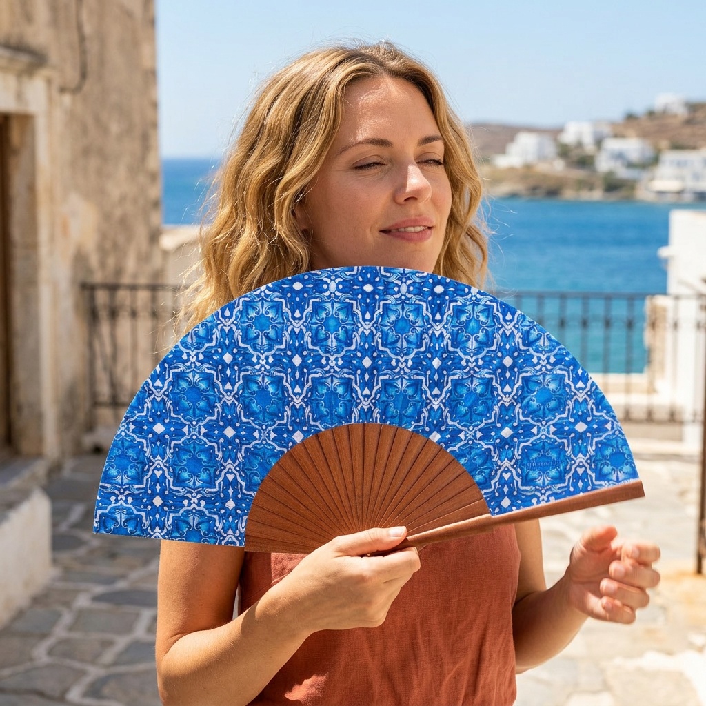 Abanico Seda Azul y Blanco Farah