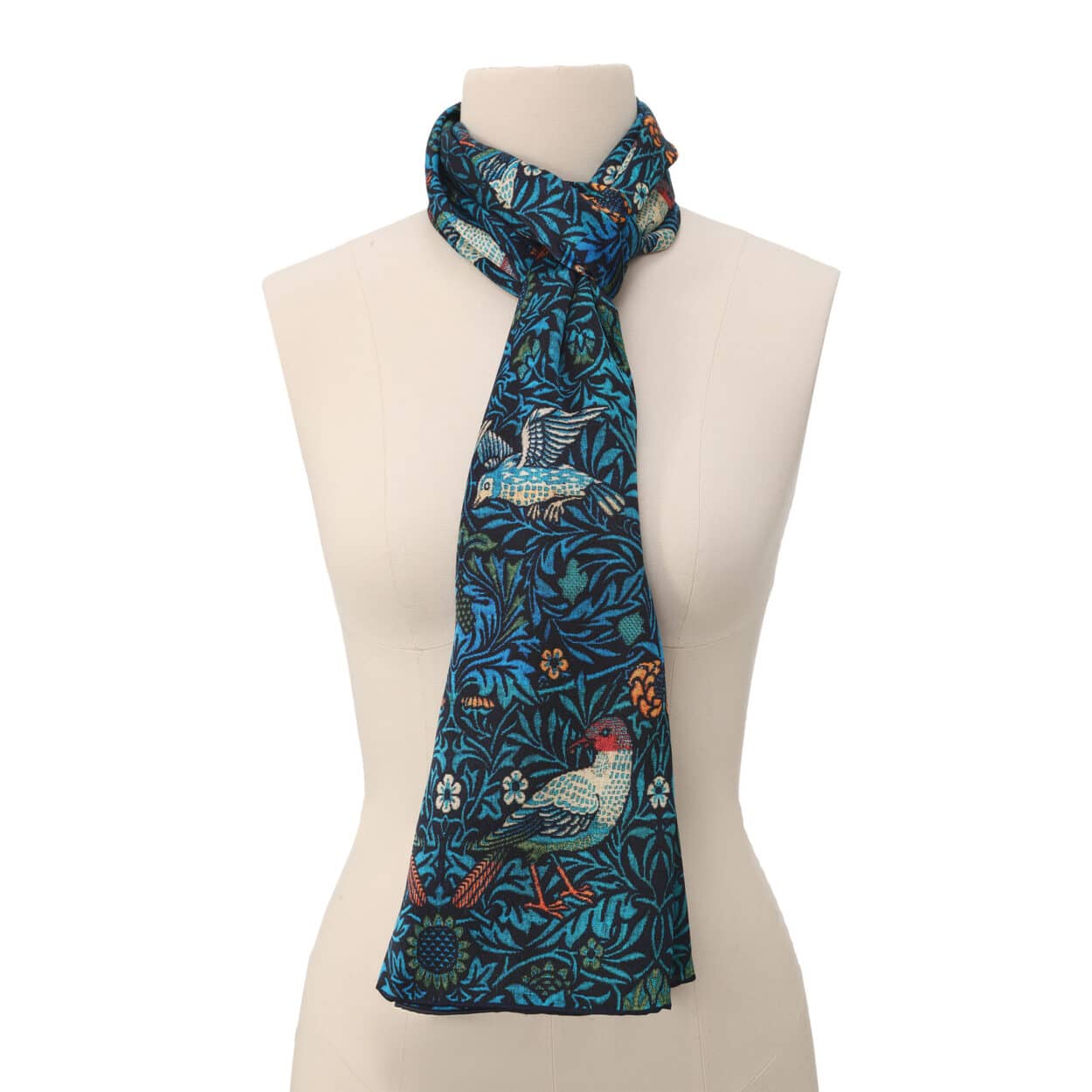 Pañuelo de seda azul con estampado de pájaros