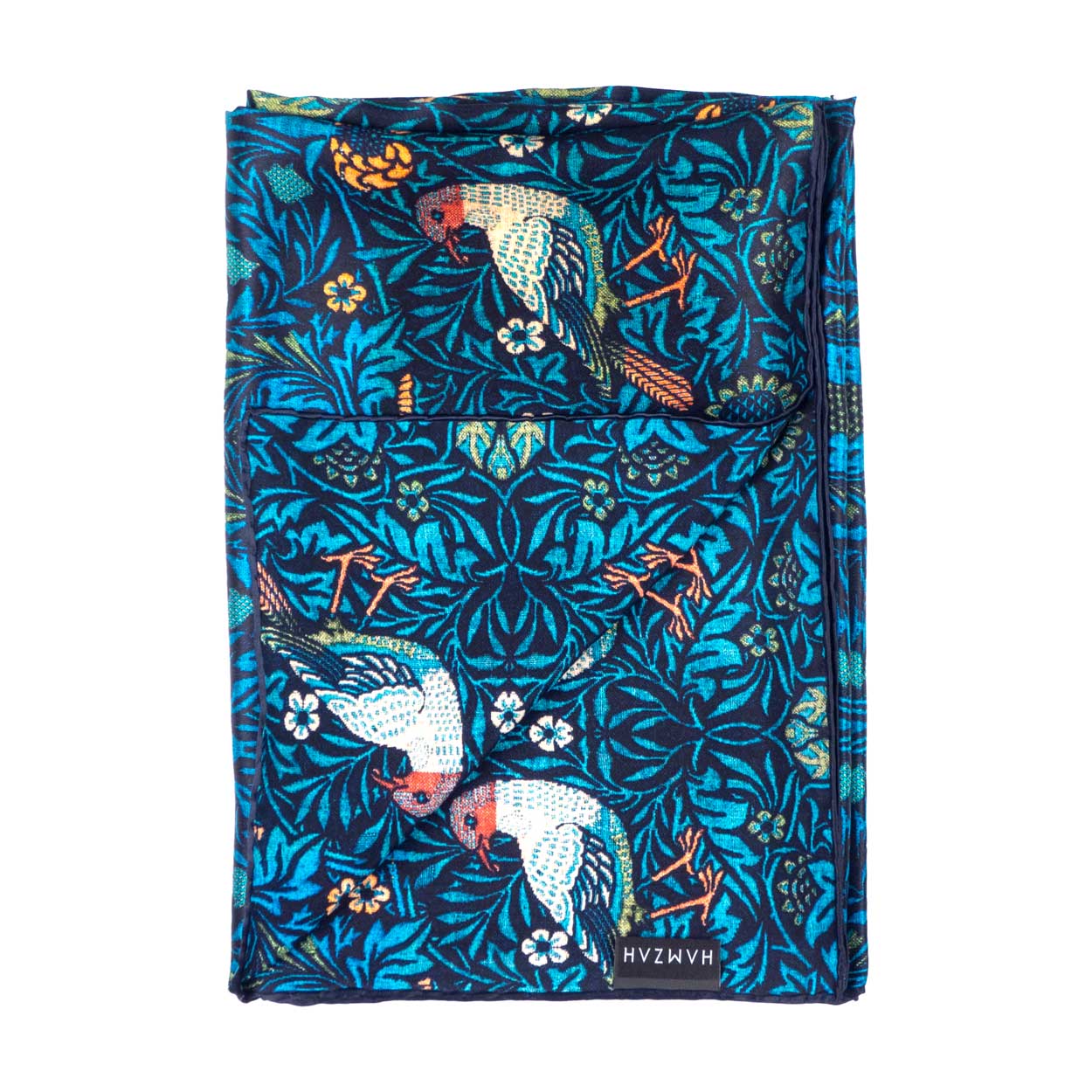 Pañuelo de seda azul con estampado de pájaros