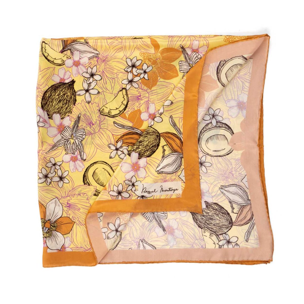 Mustard color square silk scarf with flower and coconut print