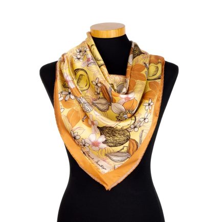 Women's square silk scarf with mustard flowers and coconut print