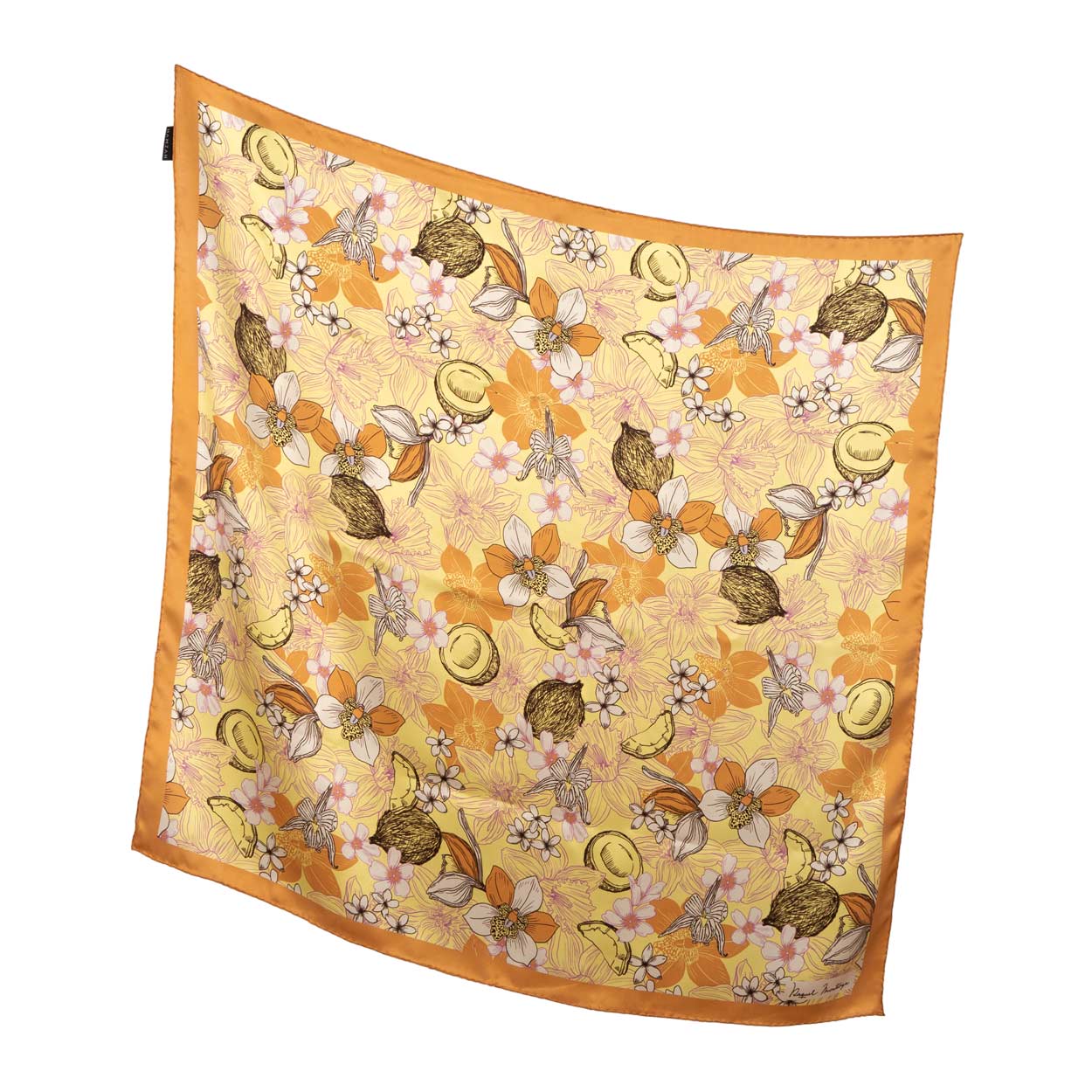 Pañuelo de seda cuadrado grande con print floral en tonos mostaza