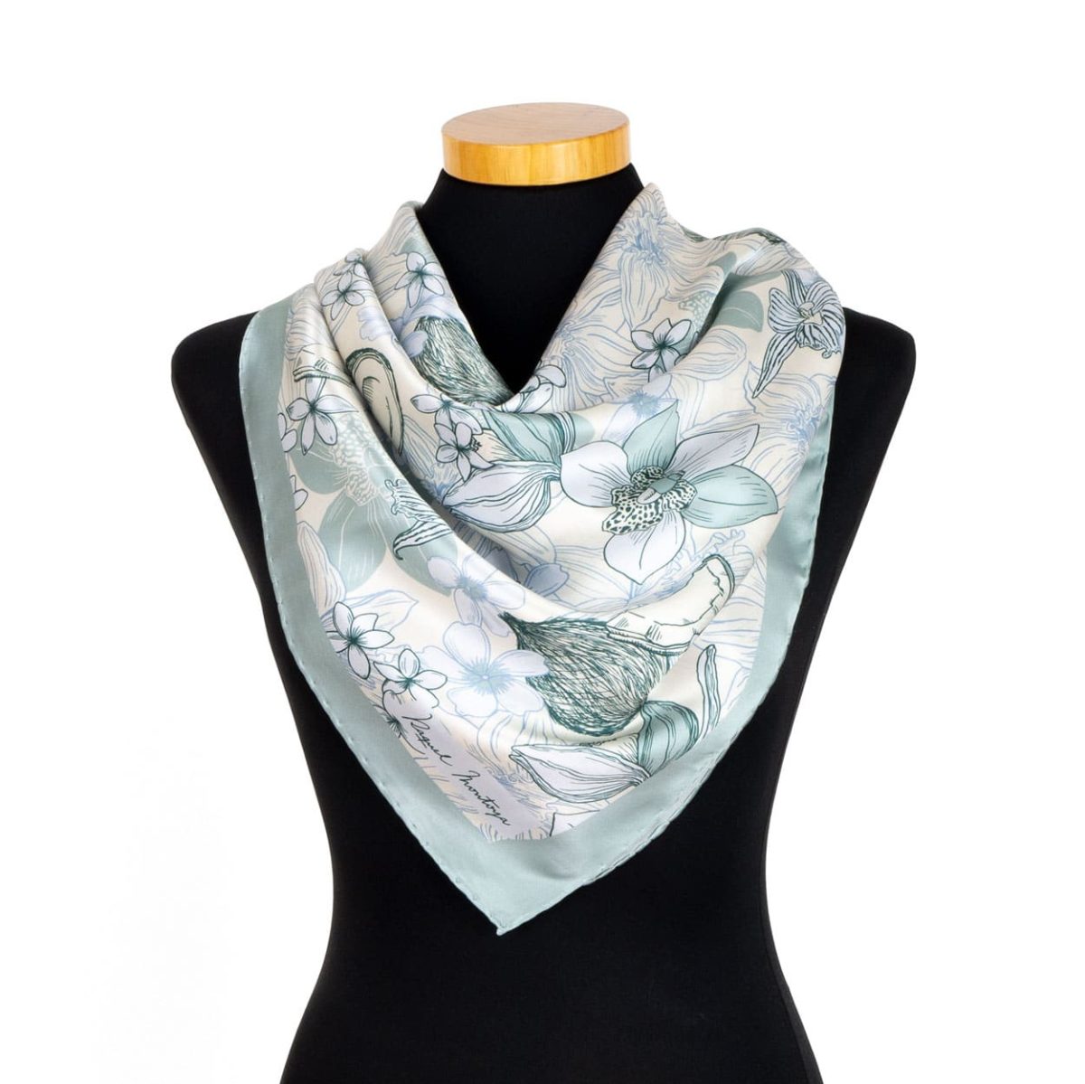 Square light blue silk scarf for women with flower and coconut print