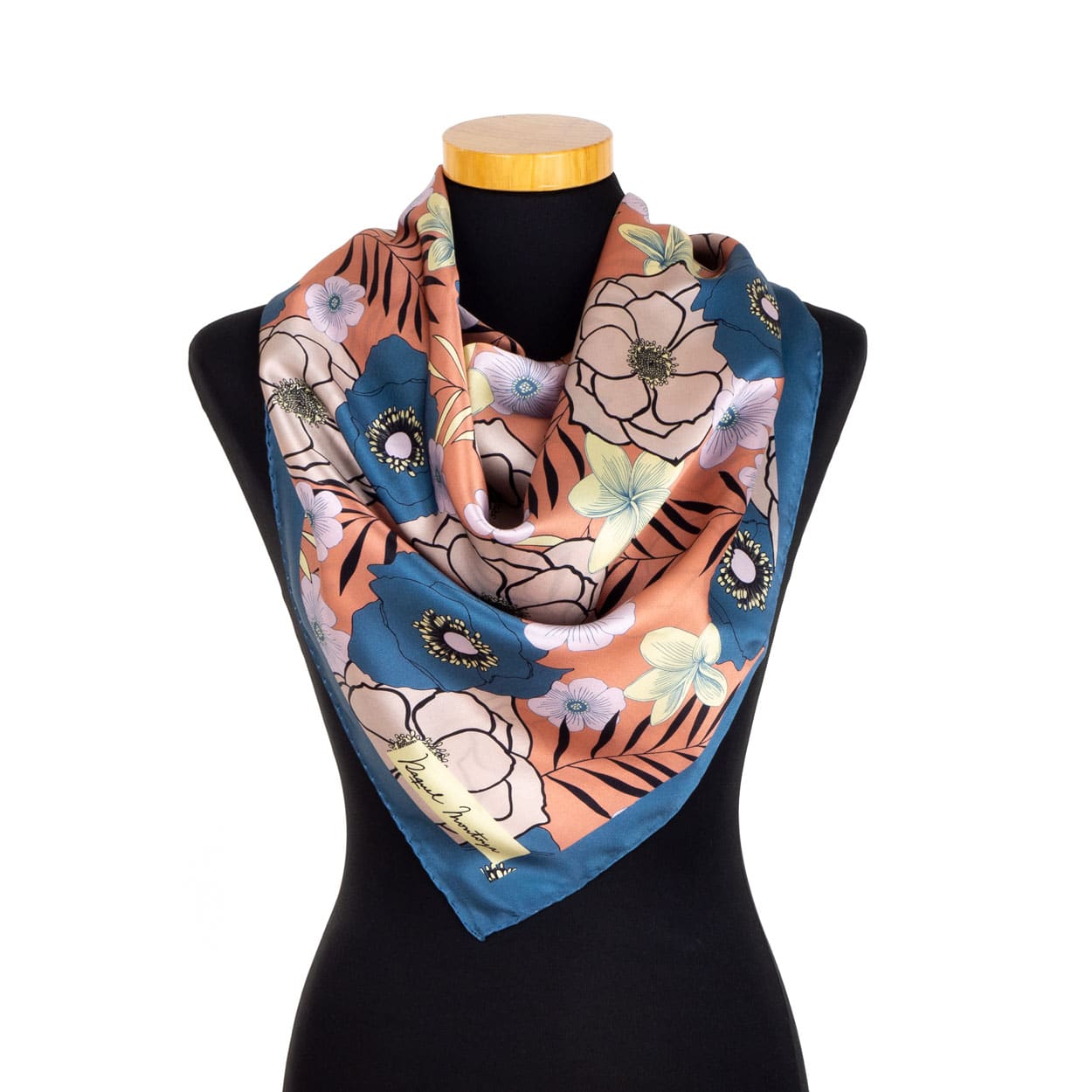 Square scarf with tropical style flowers in blue and orange colors
