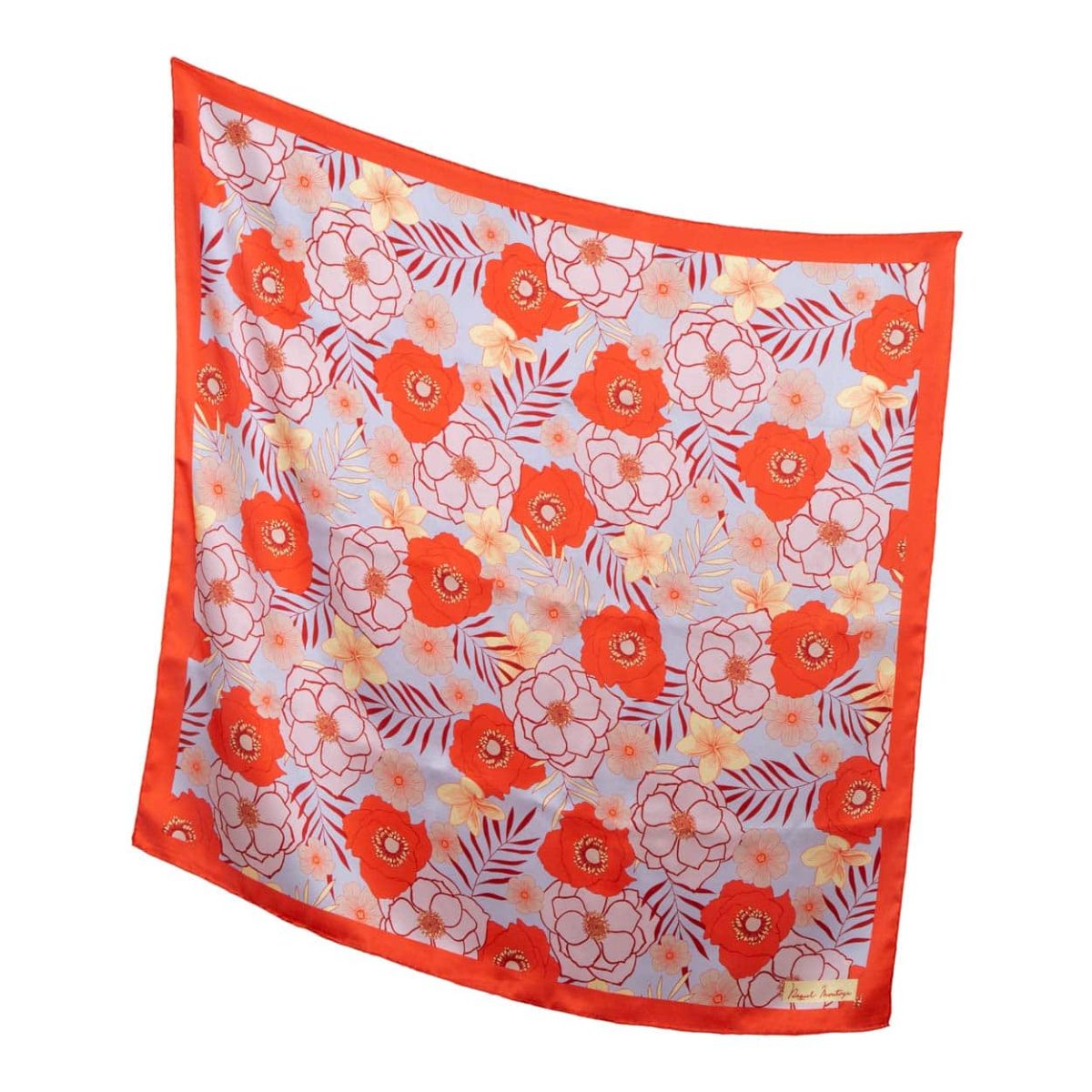 Large square silk scarf with red and light blue flower print