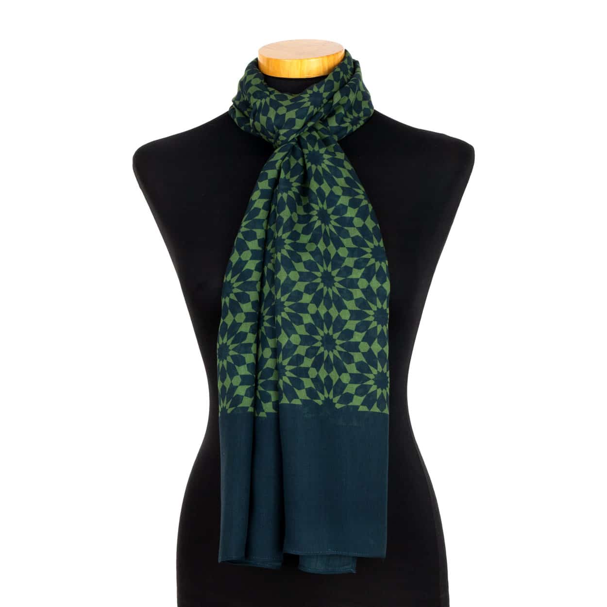 Green neck scarf with geometric pattern inspired by Arabian mosaics