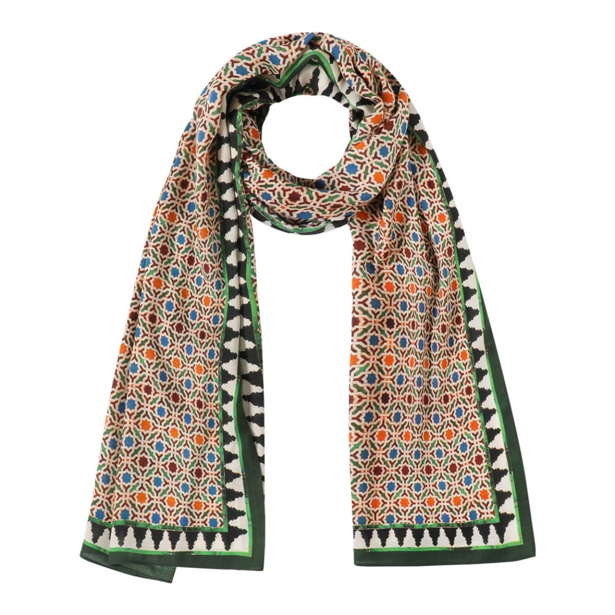 Pañuelo para el cuello multicolor con estampado inspirado en los azulejos de La Alhambra