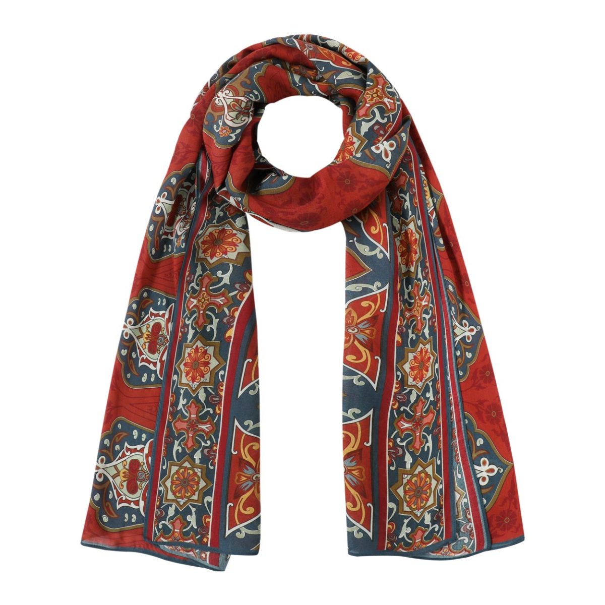 Pañuelo grande rojo y azul con estampado inspirado en el arte de Isfahan