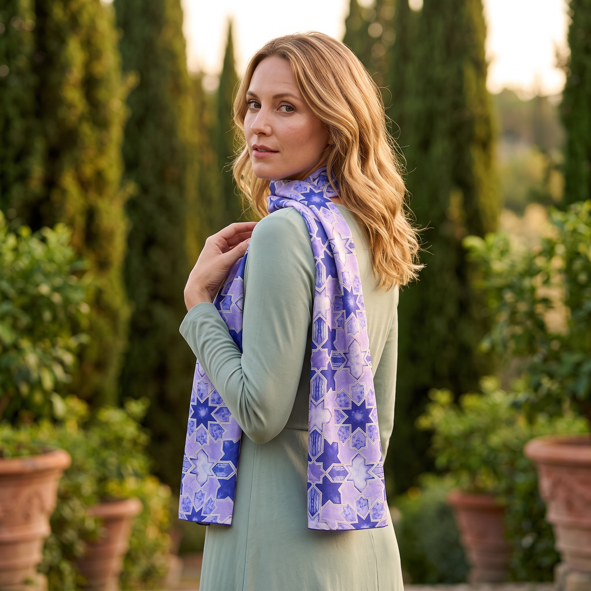 Blue Sevilla Silk Scarf, worn around the neck in a Mediterranean garden