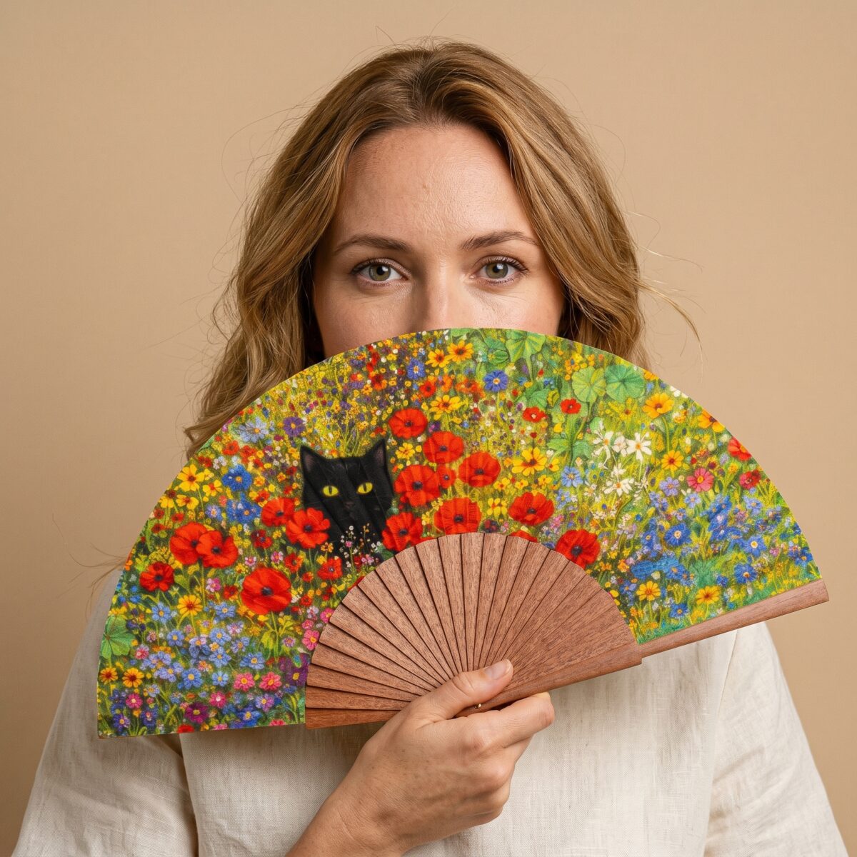 Cat and Flowers Silk Fan 23cm
