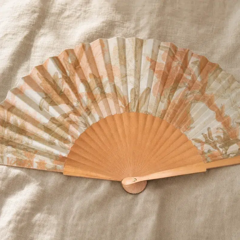 Abanico personalizado de algodón con impresión digital y varillas de madera de peral